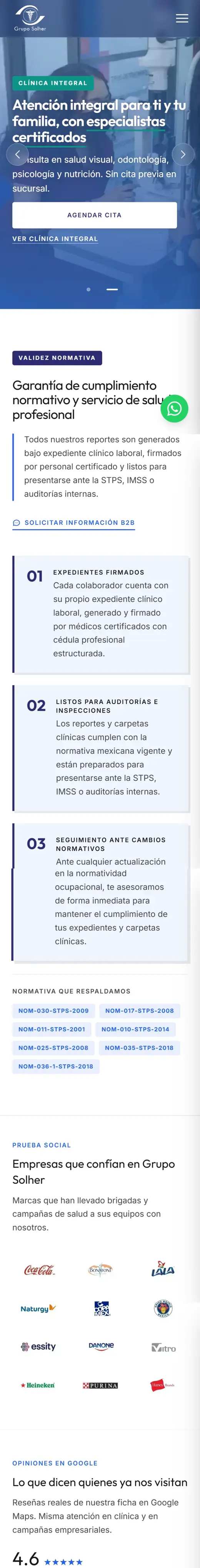 Sitio de Grupo Solher en el teléfono, con el botón para agendar cita
